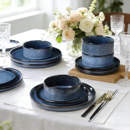 12PCS Ceramic Dinnerware Set for 4, Stoneware Plates and Bowls Sets