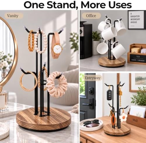 360° Rotating Mug Holder, 6-Hook Coffee Mug Tree w/Wood Base for Large