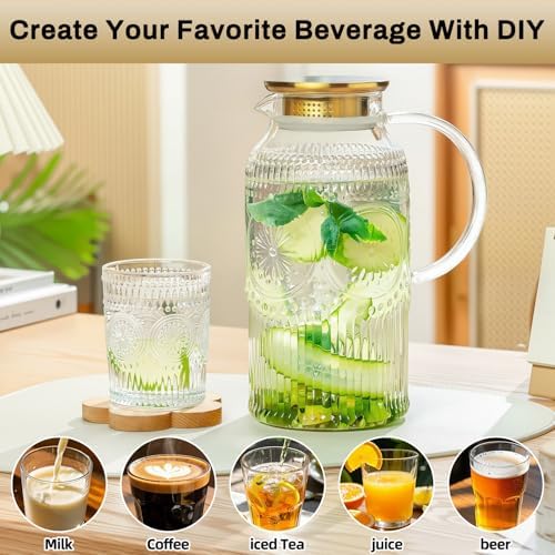 Buaic 2 PACK Glass Pitcher with Lid, 68 oz Vintage Water Carafe for