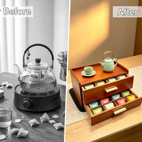 Wood Tea Bag Organizer Drawer With Mat Tea Storage Bag Double-Drawer