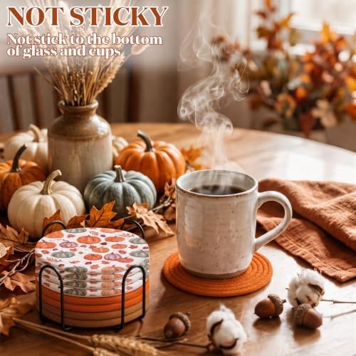Mixweer 8 Pack Fall Pumpkins Cup Coasters with Metal Holder, Soft