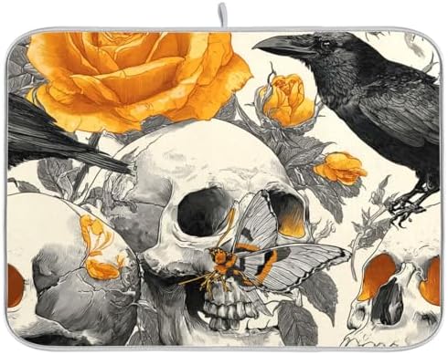 OTVEE Skull and Flower Mix Dish Drying Mat for Kitchen Counter