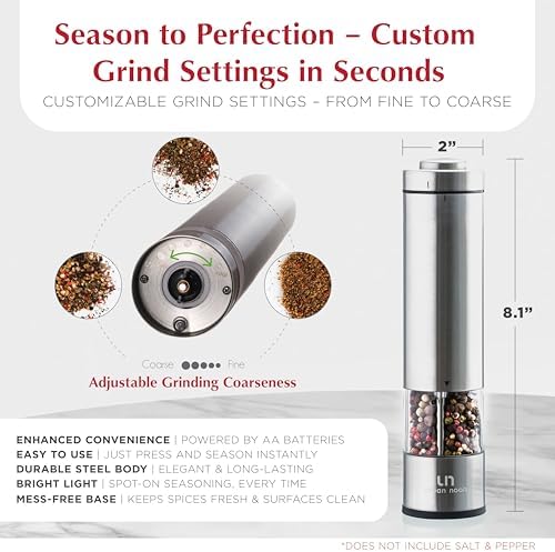 Electric Salt and Pepper Grinder Set, Stainless Steel, 2 Mills