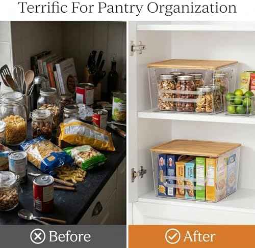 2 Pack Pantry Organizer and Storage with Bamboo Lid, Stackable Trash