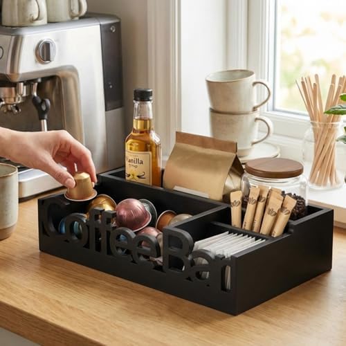 Coffee Bar Organizer Countertop,Wood Caddy with Compartments for
