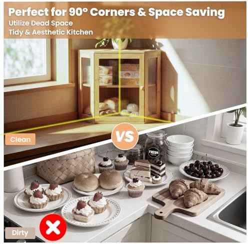 Corner Bread Box for Kitchen Countertop: Bamboo Storage Container for Homemade Bread, Two Layer Breadbox under Cabinet Mount, Large Bread Holder for Kitchen Counter, Pantry Shelf