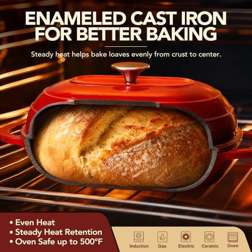 MICHELANGELO Enameled Cast Iron Bread Oven, Oval Sourdough Dutch Oven & Lid
