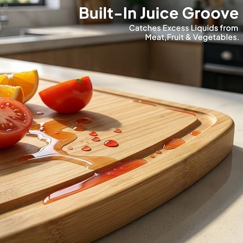 Bamboo Cutting Board Set of 3 with Storage Holder, Reversible Wood
