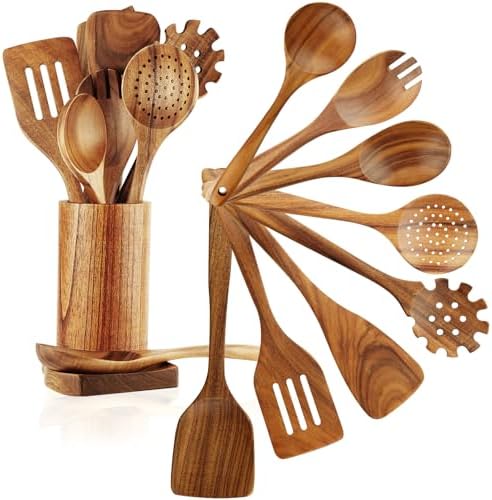 FJNATINH 10 Pcs Teak Wooden Utensil Set