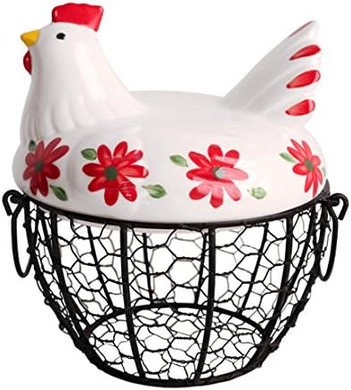 Metal Wire Egg Basket with Ceramic Chicken Cover