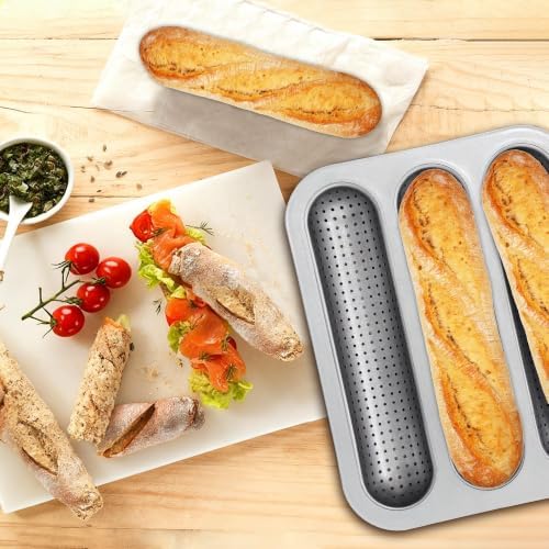 French Bread Baking Pan, 3-Cavity Baguette Pan, Silver 1 Pack