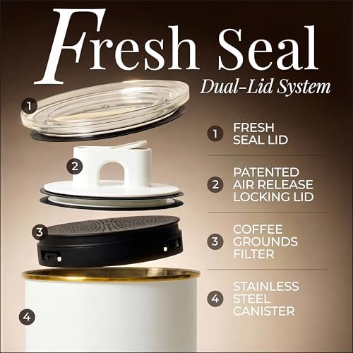 STYLED SETTINGS Vacuum Coffee Canister with Airtight Lid, White and