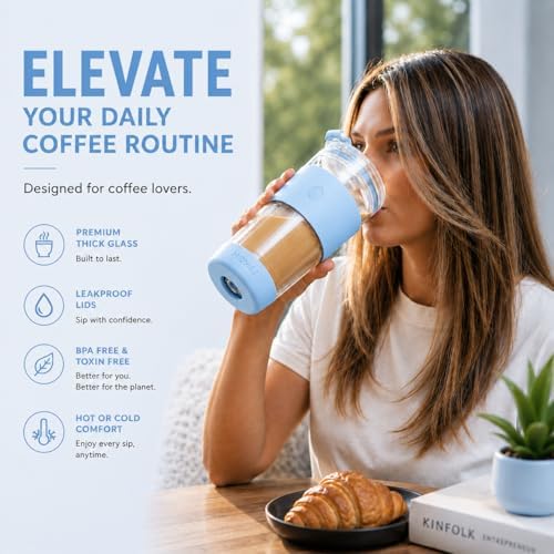 19 oz. Double Wall Glass Coffee Tumbler, To Go Travel Mug with Lid