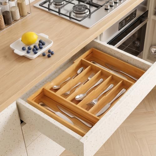 Bamboo Silverware Organizer, Expandable Bamboo Kitchen Drawer Cutlery Organizer, 18.5"x13.3" Flatware Organizer Tray, Utensil Holder
