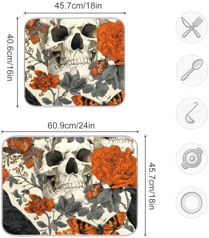 OTVEE Dark Art with Skulls Dish Drying Mat for Kitchen Counter