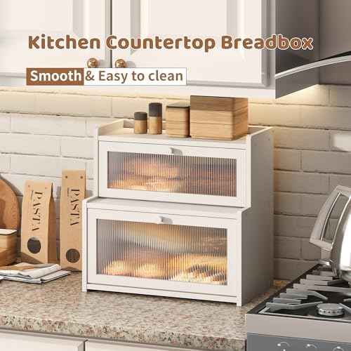 Bread Box for Kitchen Countertop Double Layer Large Corner Bread Box Capacity Bread Storage Bin Farmhouse Breadbox Container Organizer Cabinet Cupboard (White)