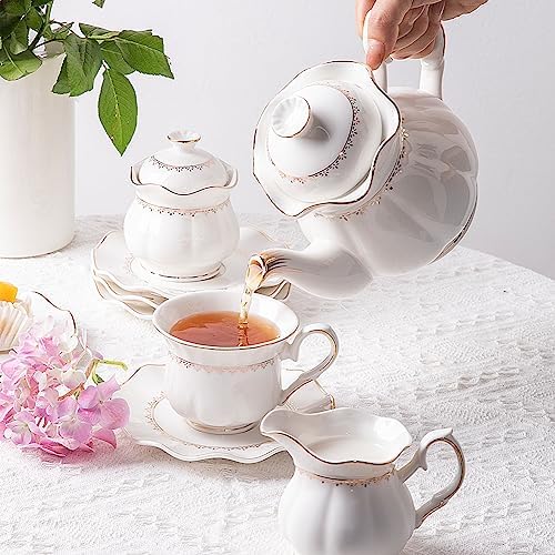 Sweejar Porcelain Tea Set With Gold Trim - Ceramic Tea pot and Sugar &