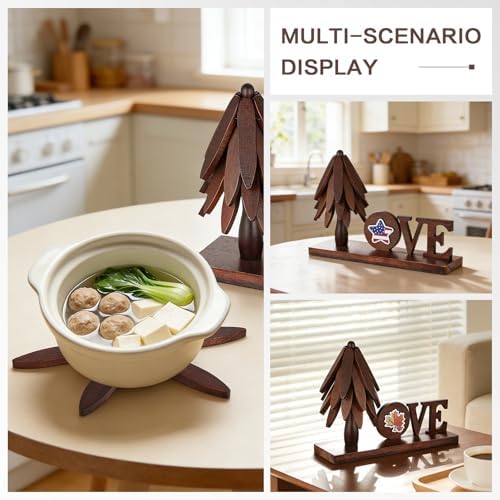 Super Holiday 4 Pcs Trivets for Hot Dishes, Wooden Tree Trivet Stand