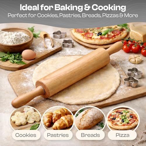 Wooden Rolling Pin, Beech Wood, 17.6" Dough Roller for Baking