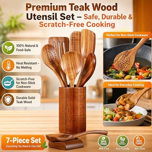 9-Piece Teak Wooden Utensil Set, Dark Brown