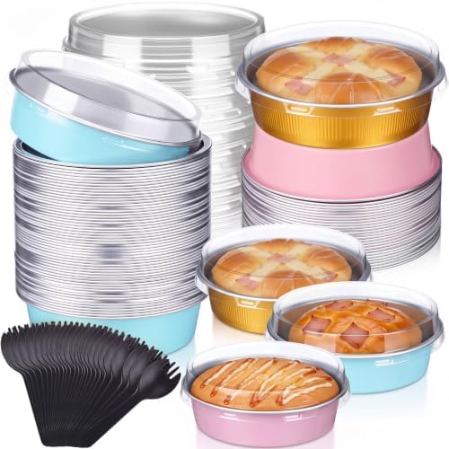 60 Pack Mini Cake Pan with Lid and Spoon 8oz, Pink Blue Rose