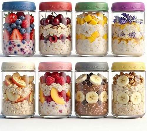 18 OZ 8Pack Glass Overnight Oats Jars with Lids