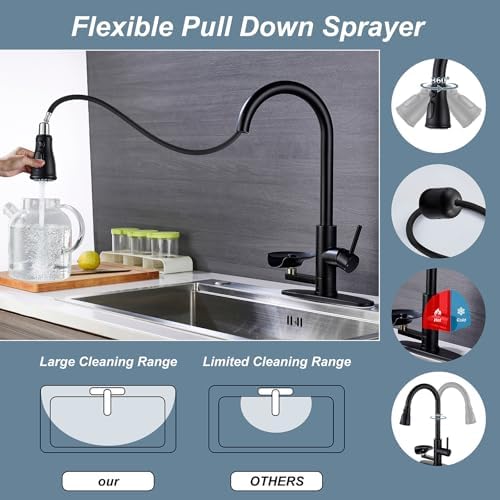 Matte Black Kitchen Faucet with Glass Rinser, Pull Down Sprayer