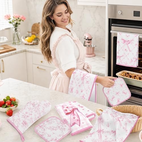 Pink Bows Kitchen Decor Set, 8 Pcs Coquettte Bow Home Accessories with