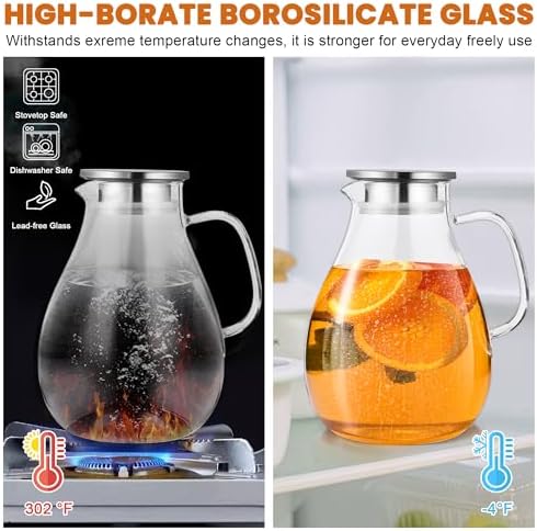 SUSTEAS 3 Litre 101oz Glass Pitcher with Lid and Spout, Handmade