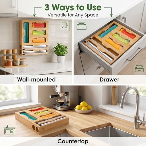 FUSHITON 6 in 1 Bamboo Food Storage Bag Organizer, Plastic Wrap