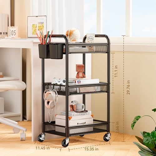 YASONIC 3-Tier Metal Rolling Storage Cart, Black