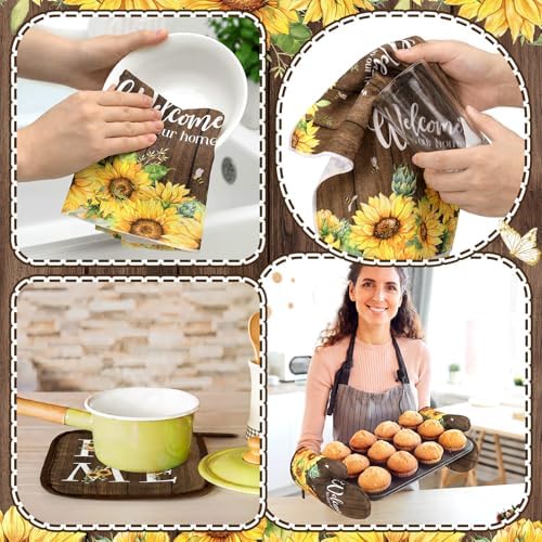 Fourluoo 10 Pcs Sunflower Kitchen Set Kitchen Towels and Rugs Mats