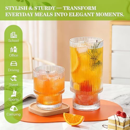 Ribbed Drinking Glasses Set of 4, Stackable Glass Cups with 2 Tall