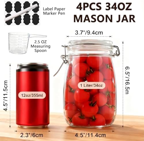 Glass Jars with Airtight Lid 34 oz 4 Pack Wide Mouth