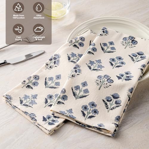 Block Print Floral Flour Sack Kitchen Towels Set of 2, Dusty Blue