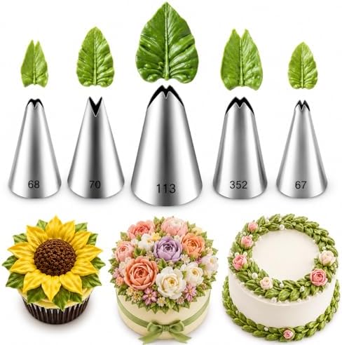 5 Pcs Leaf Piping Tips Set, Stainless Steel Cake Decorating Tips for