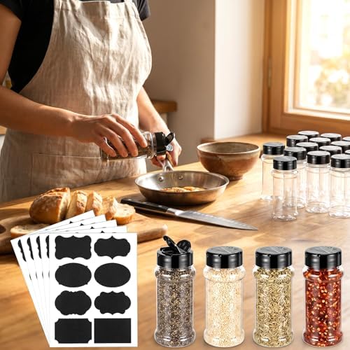 36 Pack 3 Oz Clear Plastic Spice Jars with Black Flip Lids and Labels
