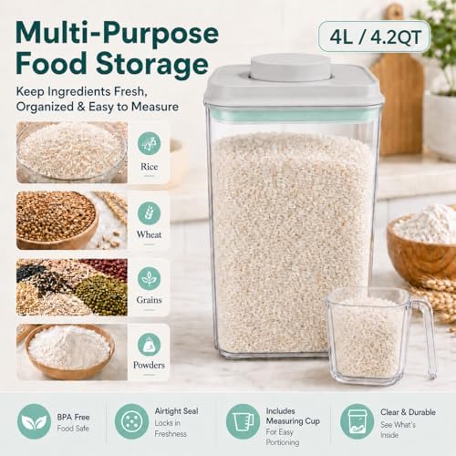 POP Airtight Flour-Rice Food-Storage Container - 4L/4.2Qt Jar with Lid