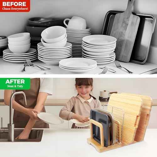 MinBoo Bamboo 5-Slot Adjustable Cutting Board Rack & Bakeware Organizer with Non-Slip Pads for Kitchen Storage,Small
