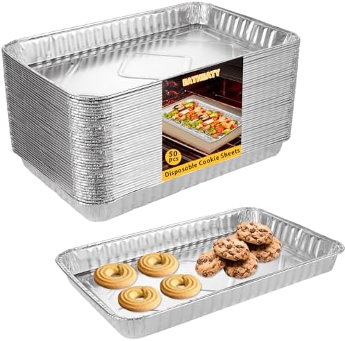 50 Pack Aluminum Pans, 12.7 x 8 in, Disposable Cookie Sheets Baking