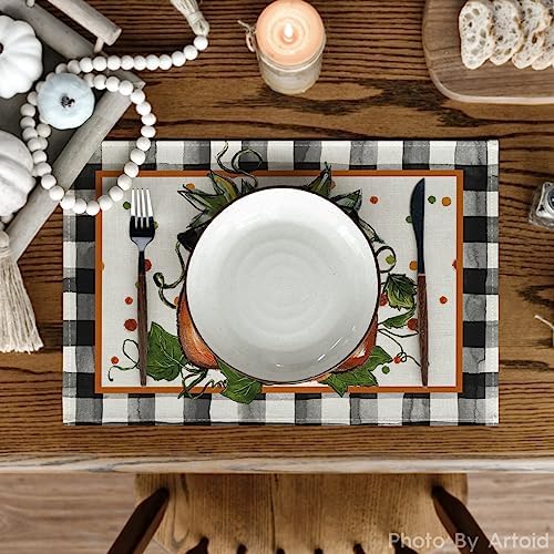 Artoid Mode Pumpkin Buffalo Plaid Fall Placemats Set of 4-12 x 18 Inch