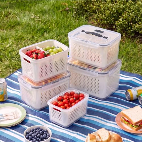 5 Pack BPA-Free Produce Keeper, Food Storage Container w/ Drain Basket