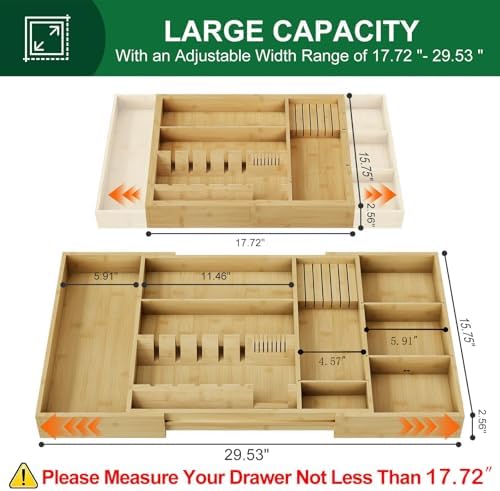 Bamboo Silverware Drawer Organizer, 17.72-29.53 Inch Expandable Large Kitchen Drawer Organizer, 5-8 Slot Flatware with Removable Card Slots & Knife Block for Spoon Butter Knive, Natural