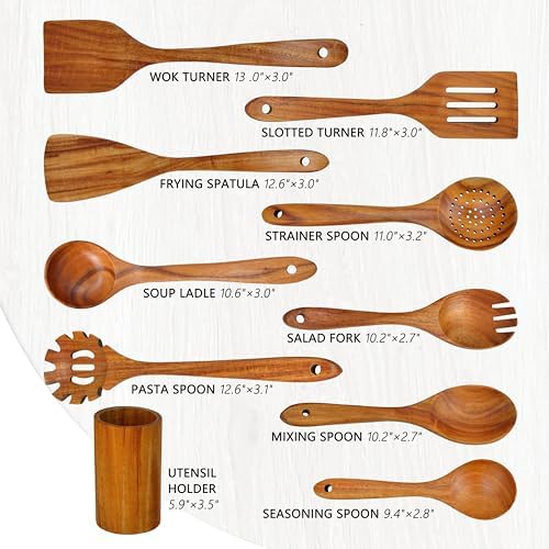 Brosisincorp 10-Piece Natural Teak Wood Spoon Set with Holder