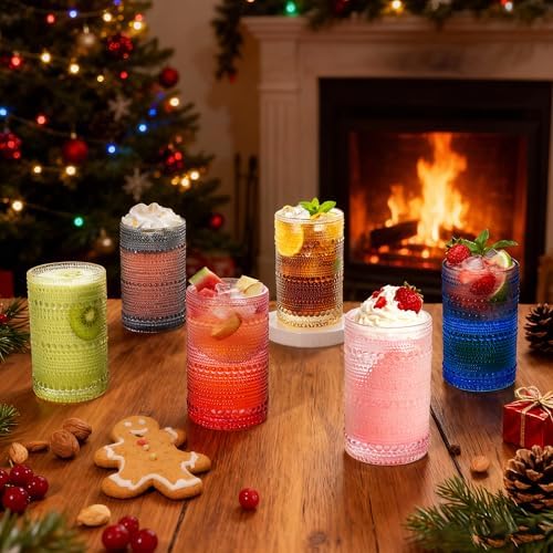 Bandesun Vintage Hobnail Drinking Glasses Set of 12, 13oz Colorful
