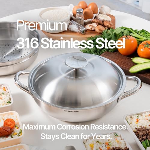 316 Stainless Steel 11-Inch 4.5 Quart Heavy Duty Wok pan with Lid and Steamer, Stir Fry Pan, 5Ply, Induction Cookware, Dishwasher Safe, Oven Safe