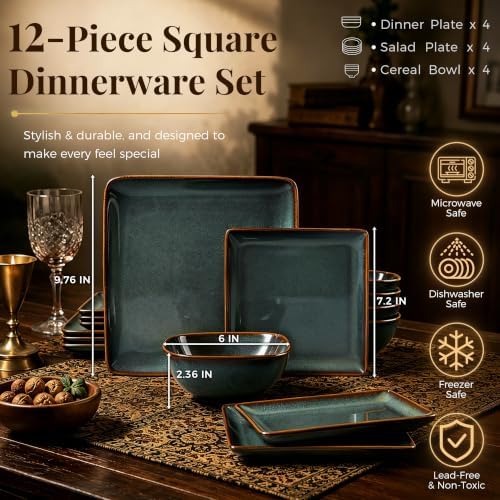 E-far 12-Piece Square Stoneware Dinnerware Sets for 4, Reactive Green