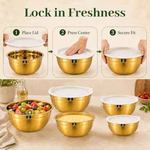 5-Piece Gold Stainless Steel Mixing Bowls with White Lids, Nesting