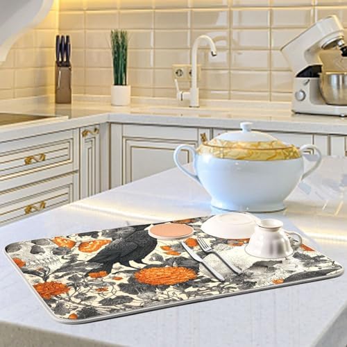 OTVEE Floral Macabre Skull Dish Drying Mat for Kitchen Counter