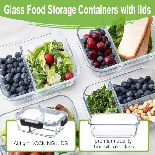 Glass Meal Prep Containers with Dividers, 6 Pack